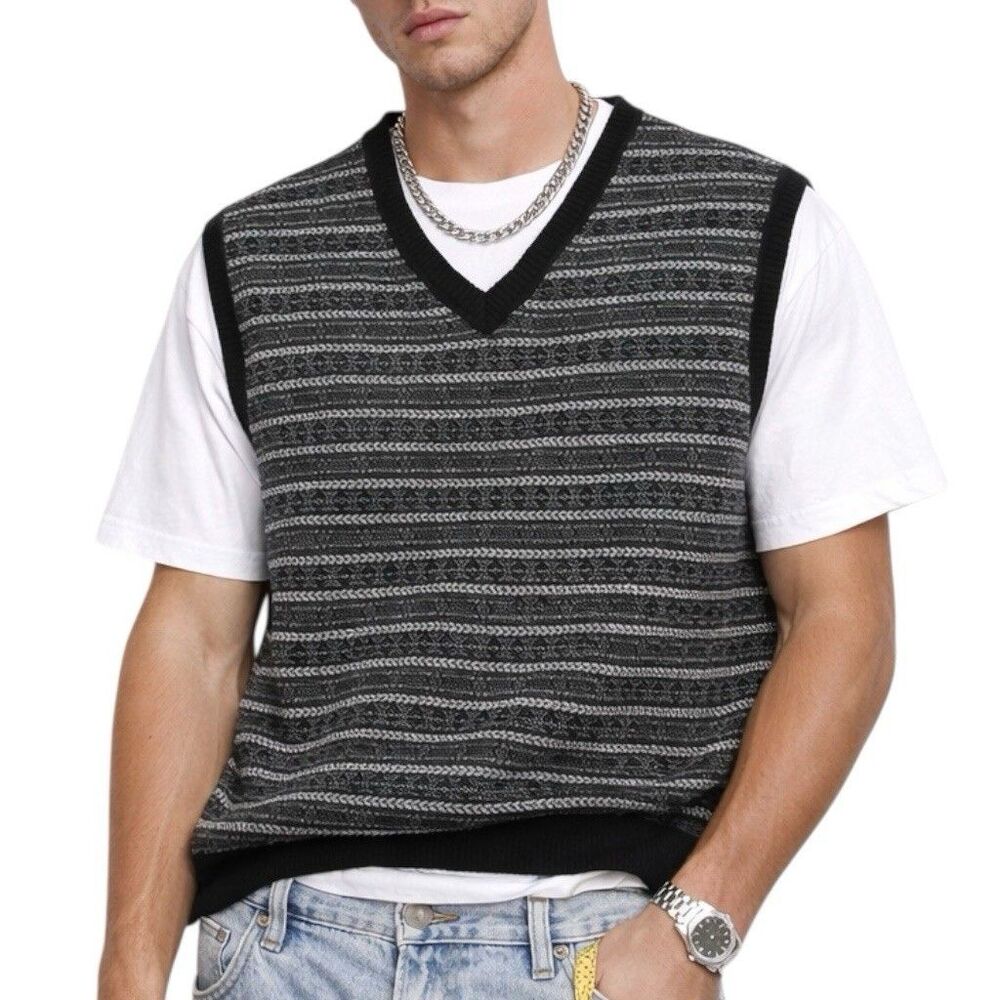 Club Room Sweater Vest Men L Black Gray Geometric Cotton Y2K Grandpa Knit Preppy